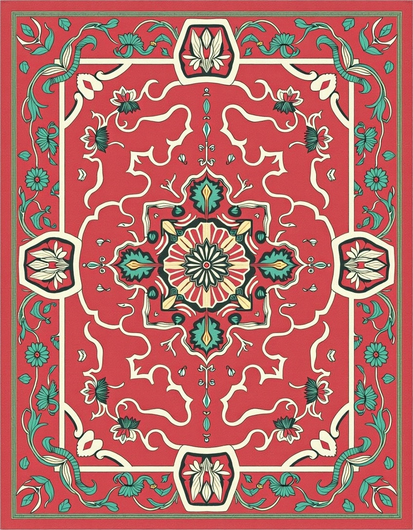 Red Floral And Vine Medallion Rug