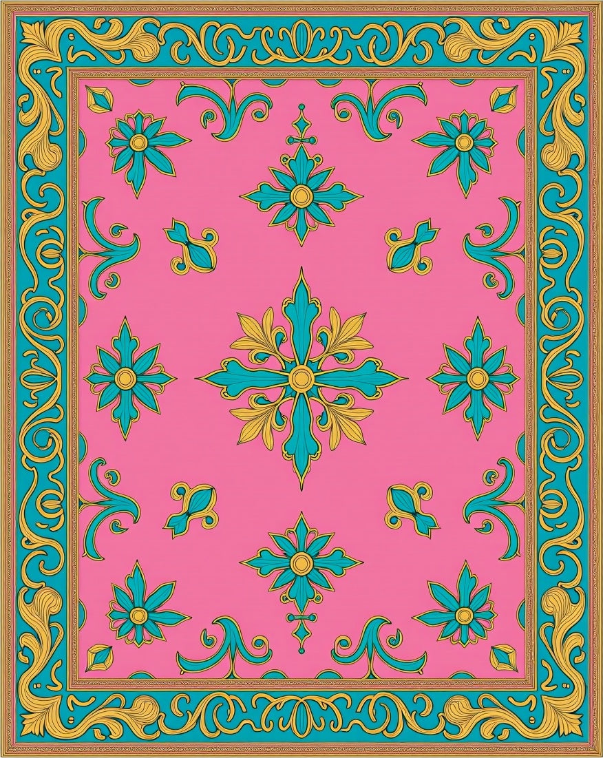 Pink Teal Gold Floral Medallion Rug