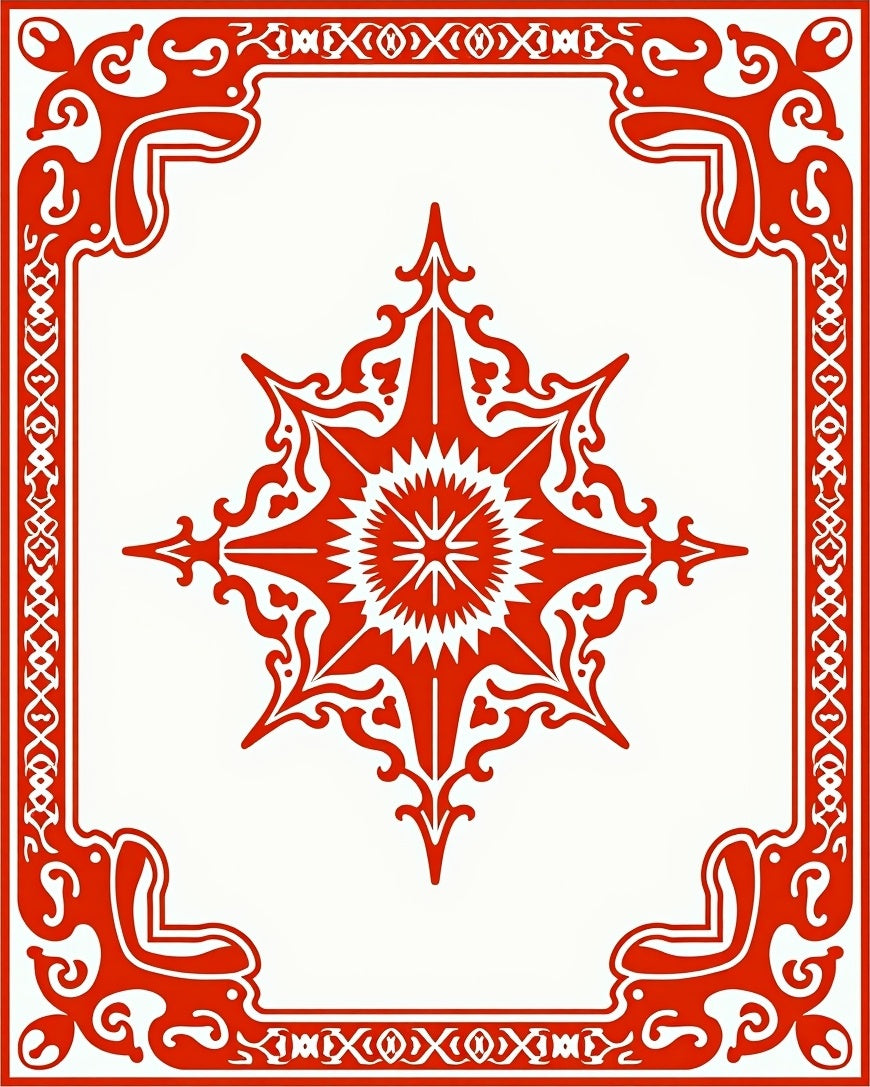 Ornate Red Starburst Frame Design Rug