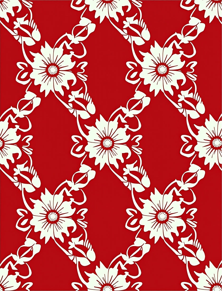 Ornate Floral Vines Red White Pattern Rug