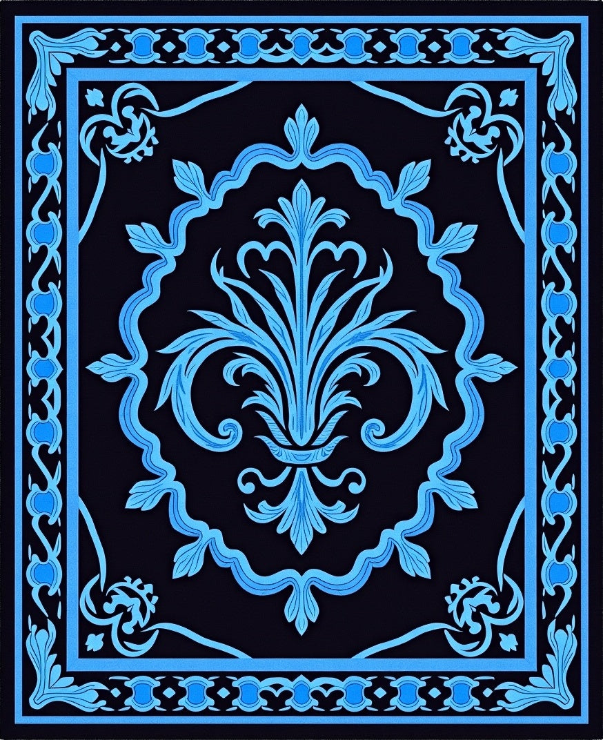 Ornate Blue Floral Scroll Pattern Rug