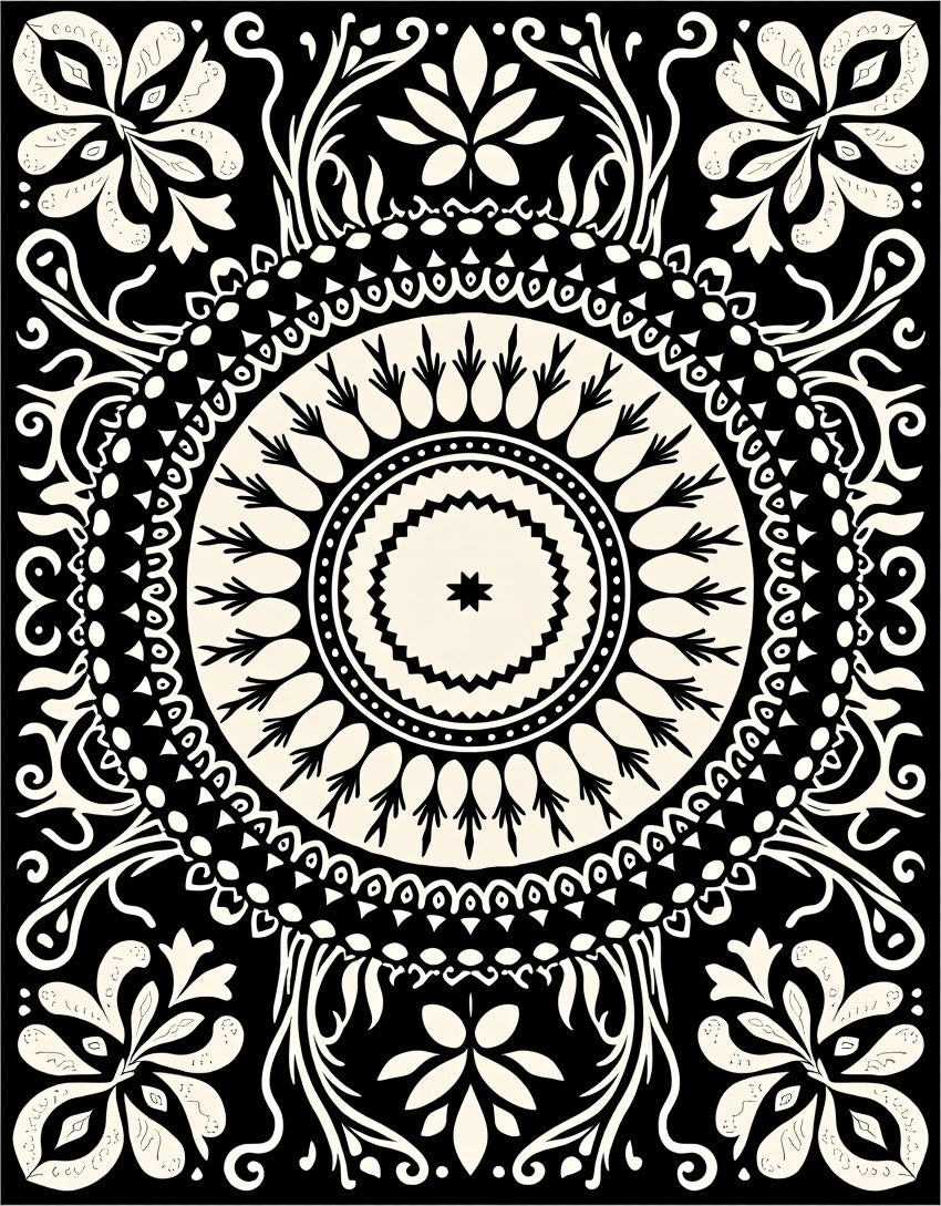 Black Cream Mandala Floral Pattern Rug