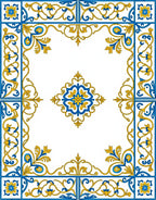 Royal Blue Yellow Floral Scroll Border Rug