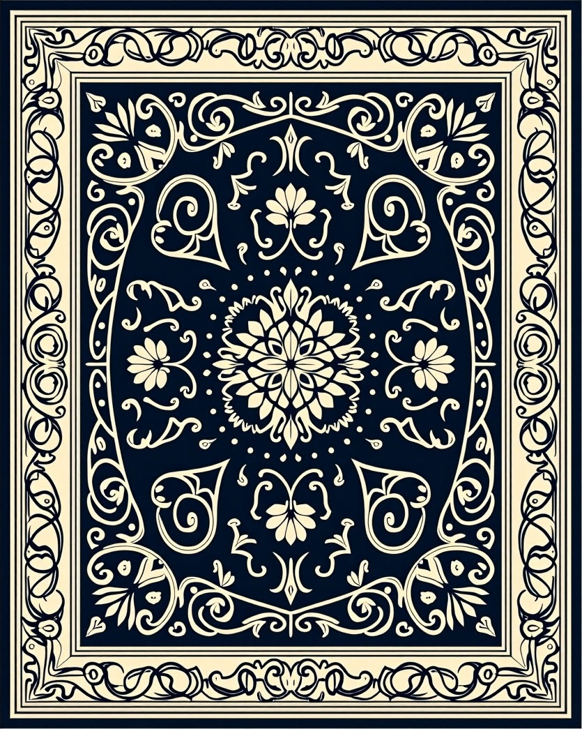 Intricate Floral Scrollwork Dark Rug