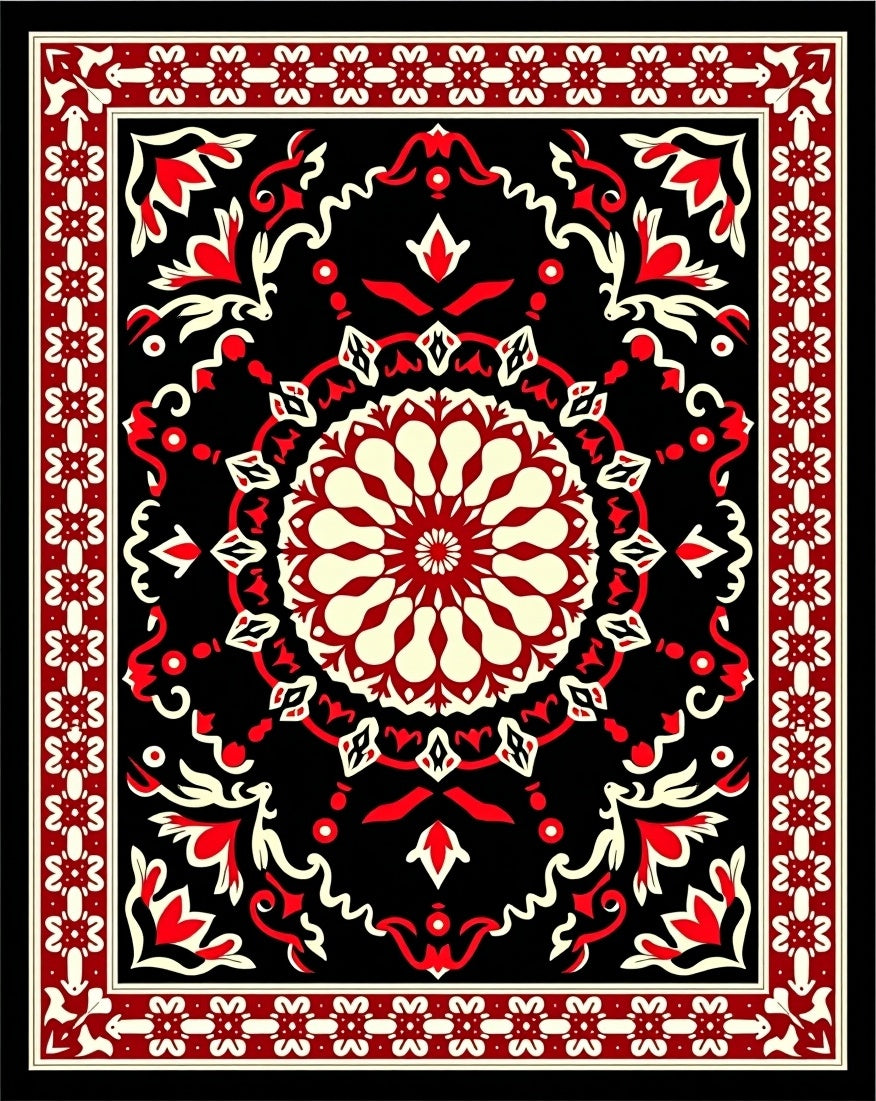Bold Red Traditional Mandala Pattern Rug