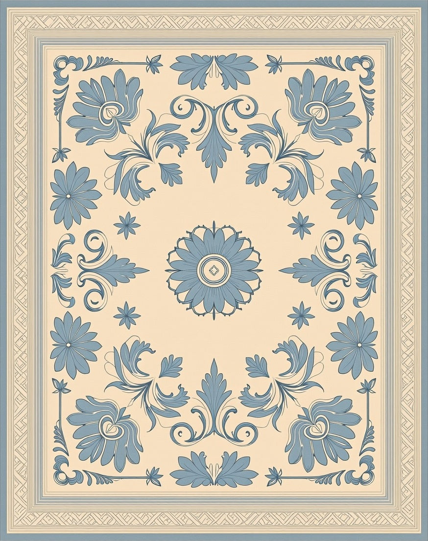 Pale Blue Floral Scrollwork Rug