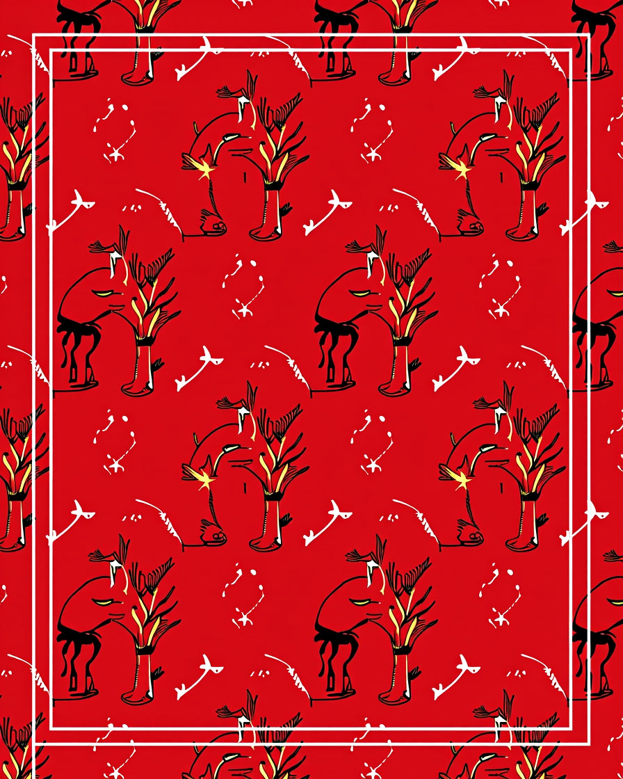 Whimsical Red Tribal Animal Illustration Rug