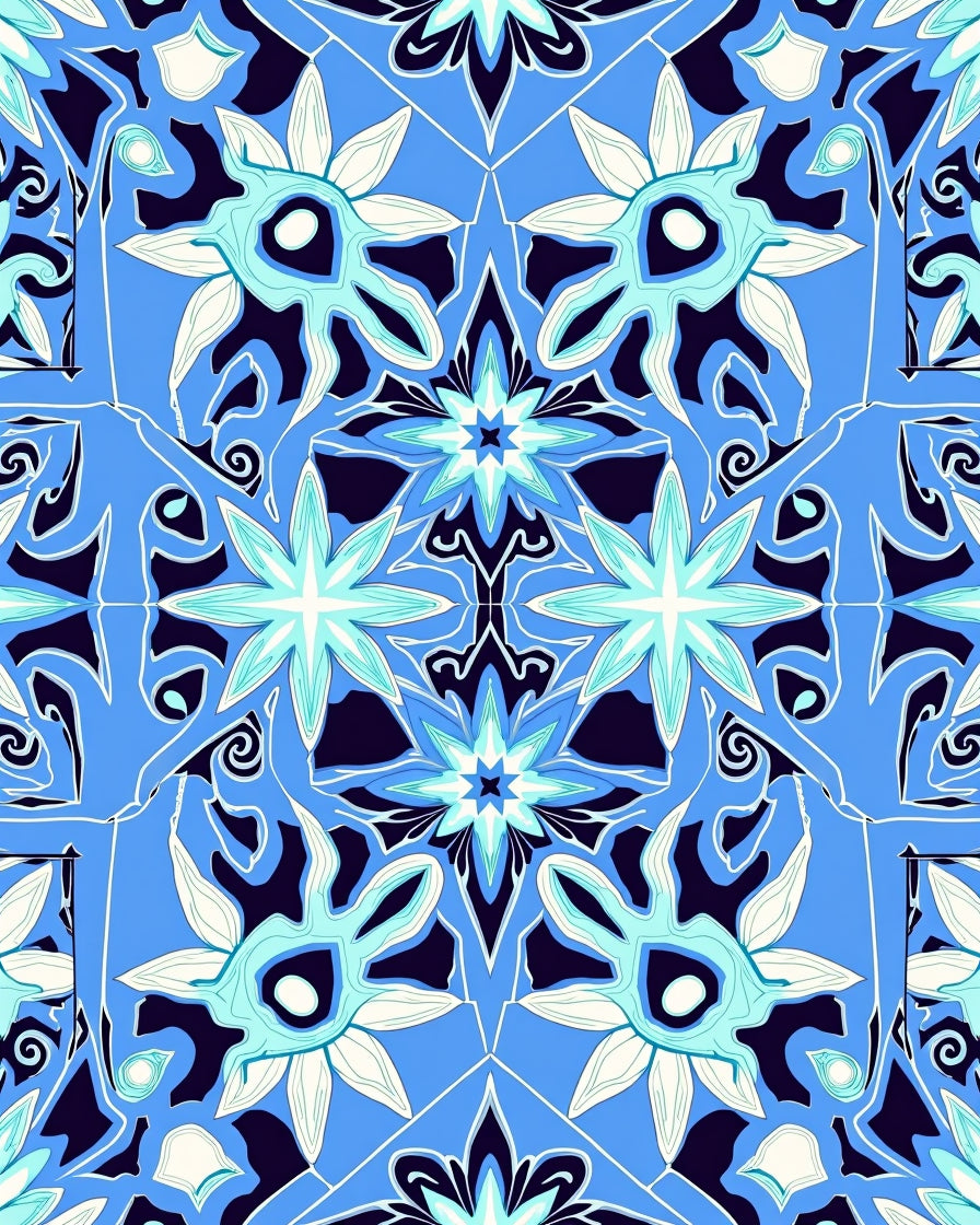 Symmetric Floral Patterned Royal Blue Rug