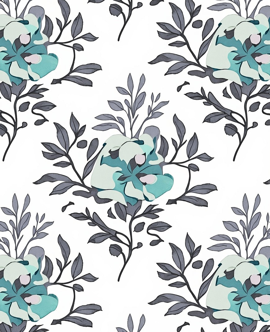 Abstract Floral Branches Blue-Green Pattern Rug