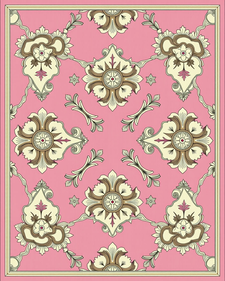 Ornate Floral Symmetry Pink Rug
