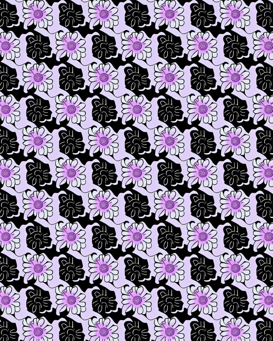 Purple Daisy Black Flower Pattern Rug