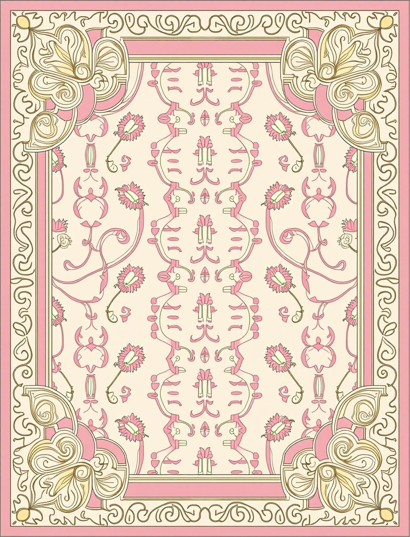 Ornate Floral Scrollwork Pink Cream Pattern Rug