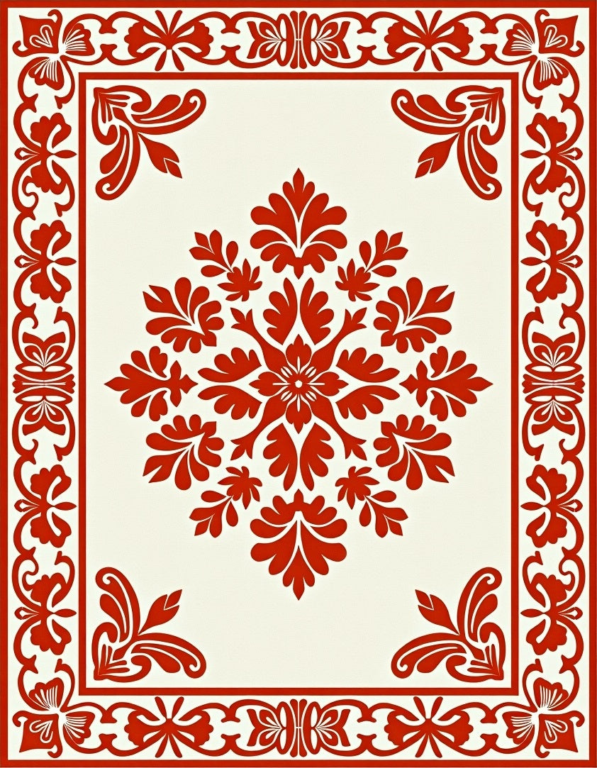 Bold Red Floral Damask Pattern Rug