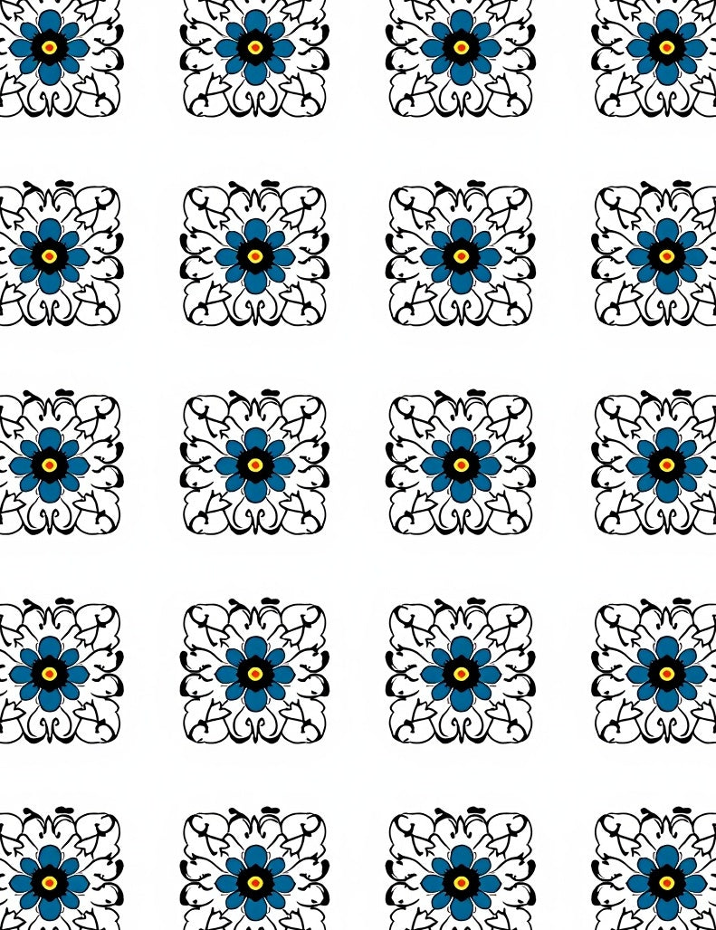 Charming Blue Floral Square Pattern Rug