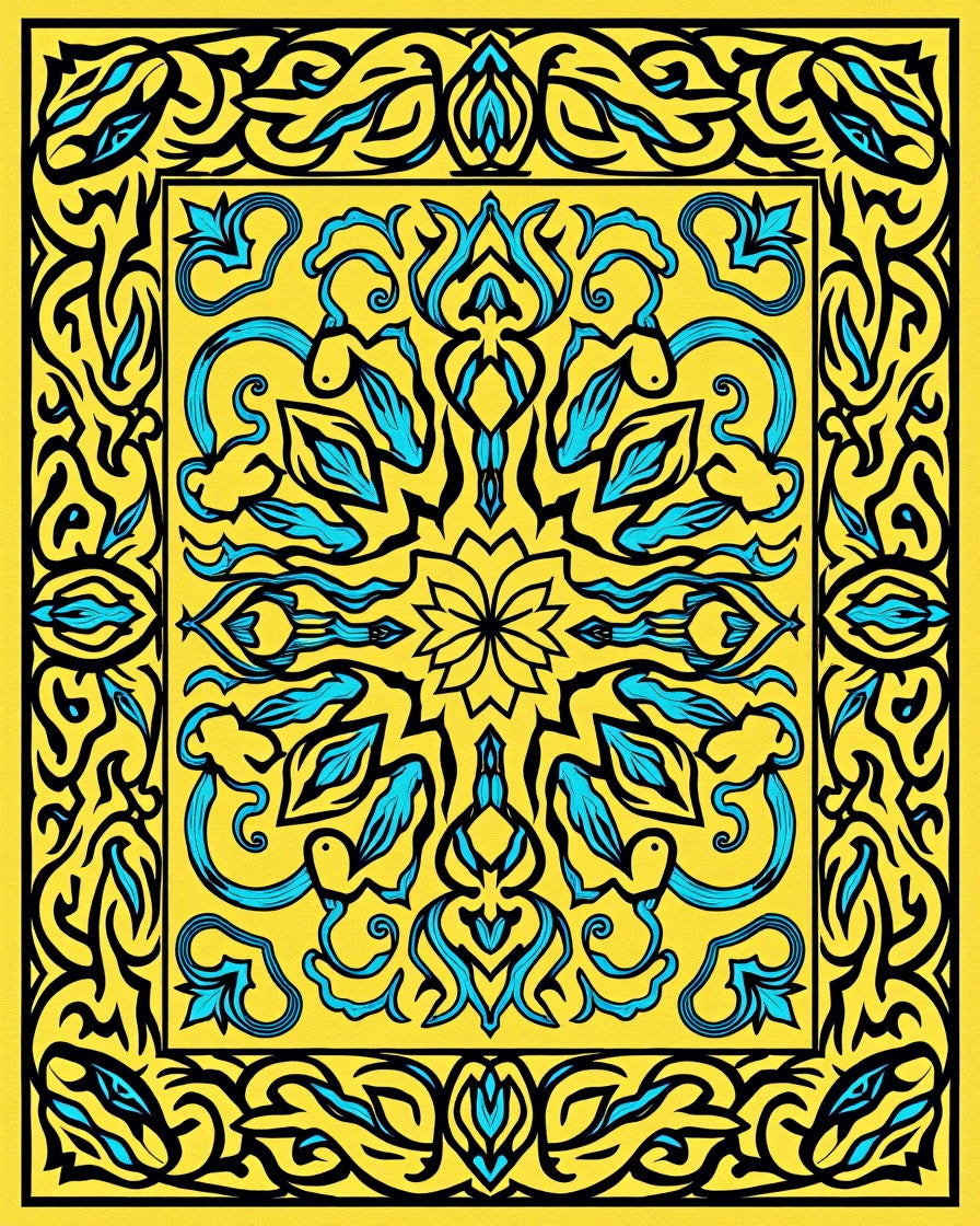 Vibrant Yellow Blue Floral Medallion Pattern Rug