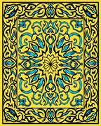 Vibrant Yellow Blue Floral Medallion Pattern Rug