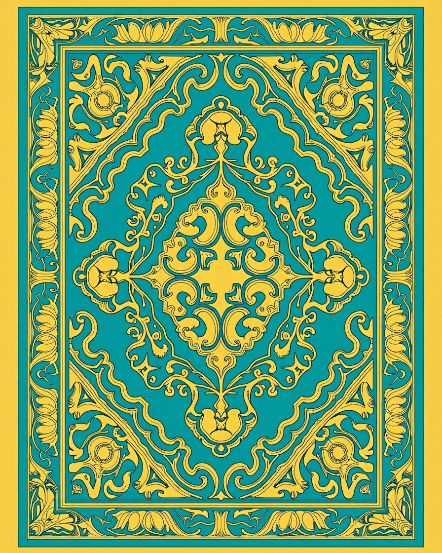 Golden Floral Teal Medallion Pattern Rug