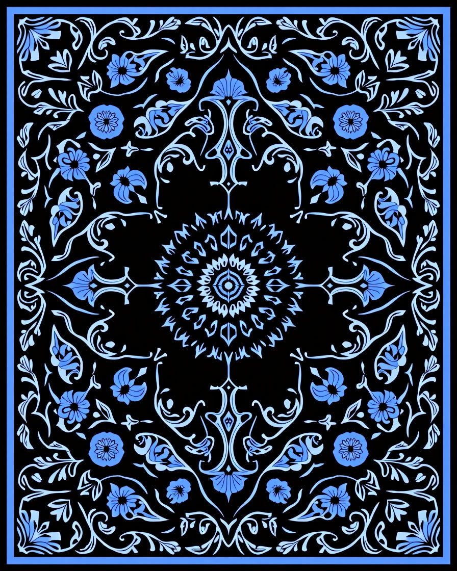 Black Floral Scrollwork Medallion Pattern Rug