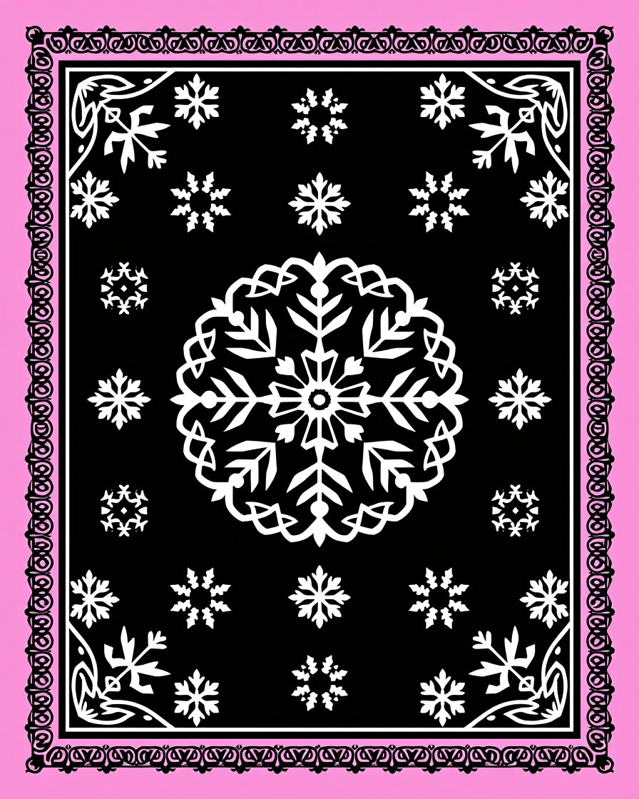 Black Pink Snowflake Medallion Border Rug