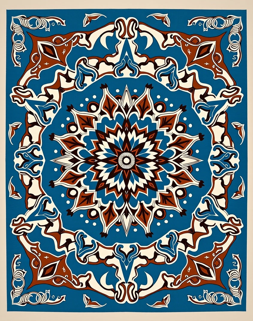 Ornate Blue Brown Mandala Pattern Rug