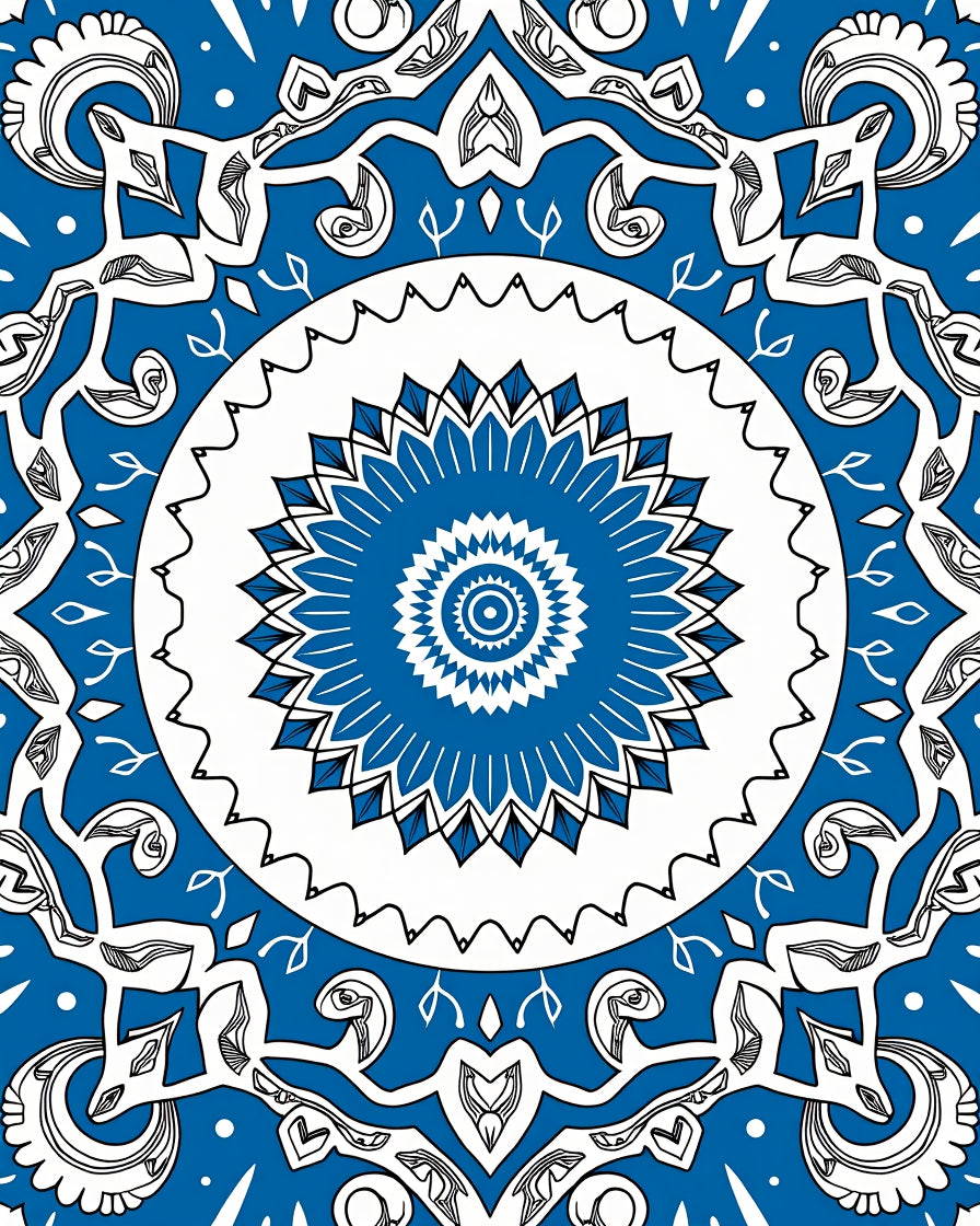 Intricate Blue White Floral Mandala Rug