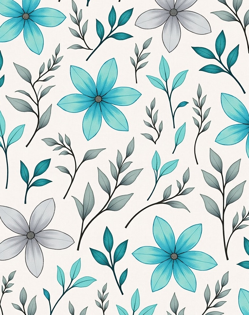 Teal Gray Floral Botanical Pattern Rug