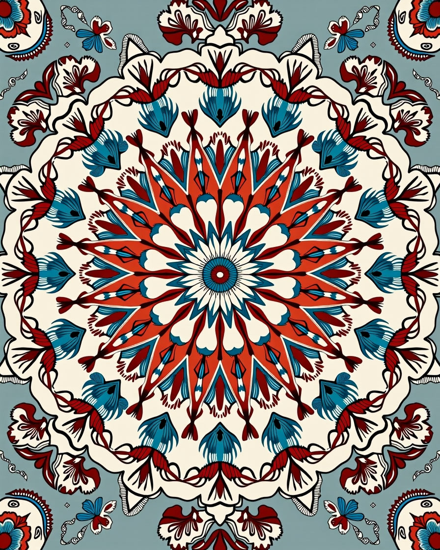 Bold Red Blue Floral Mandala Design Rug