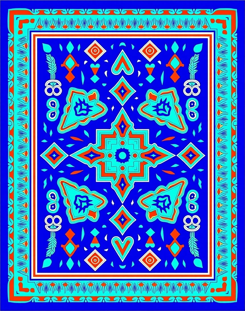 Vibrant Blue Geometric Floral Pattern Rug