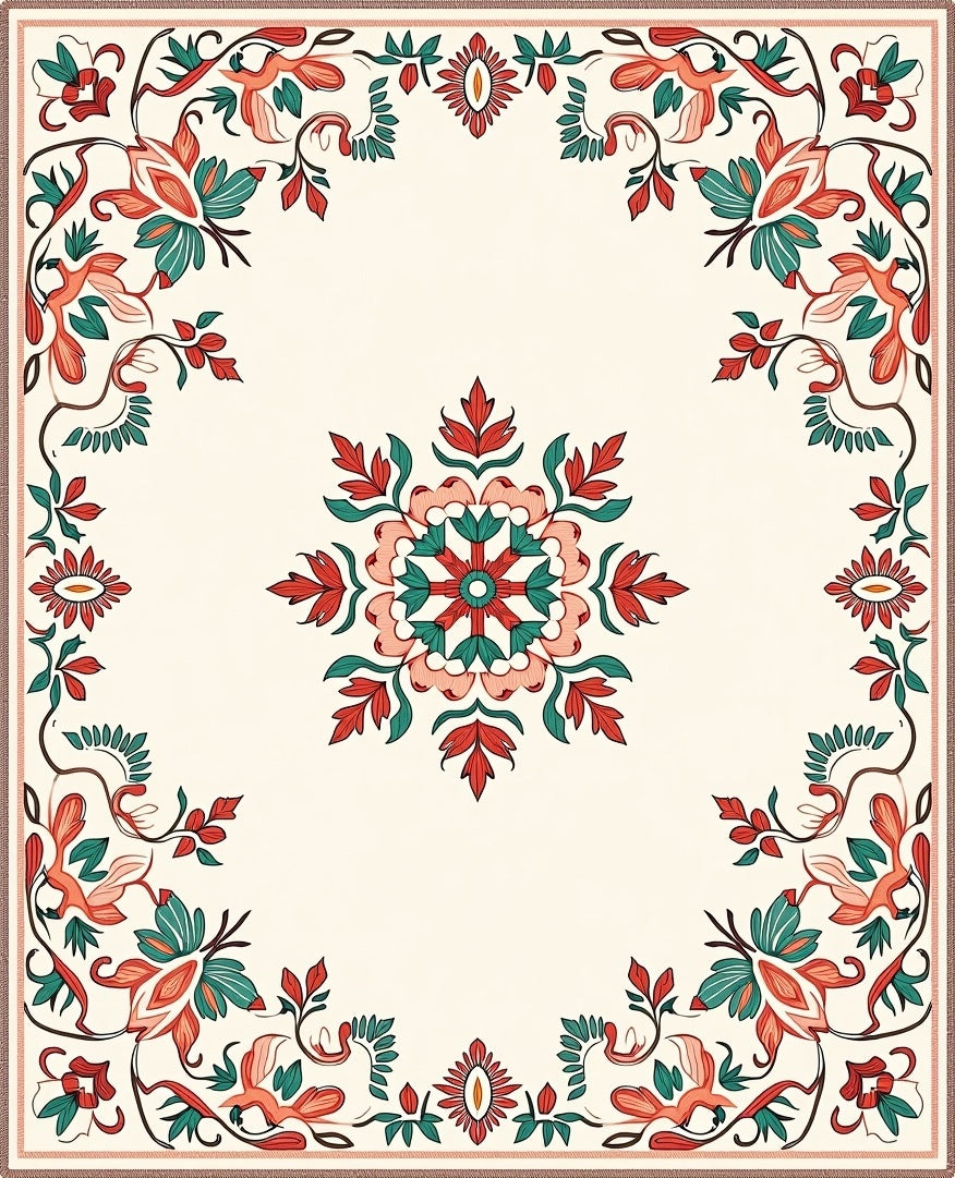 Floral Medallion Symmetry Coral Teal Rug