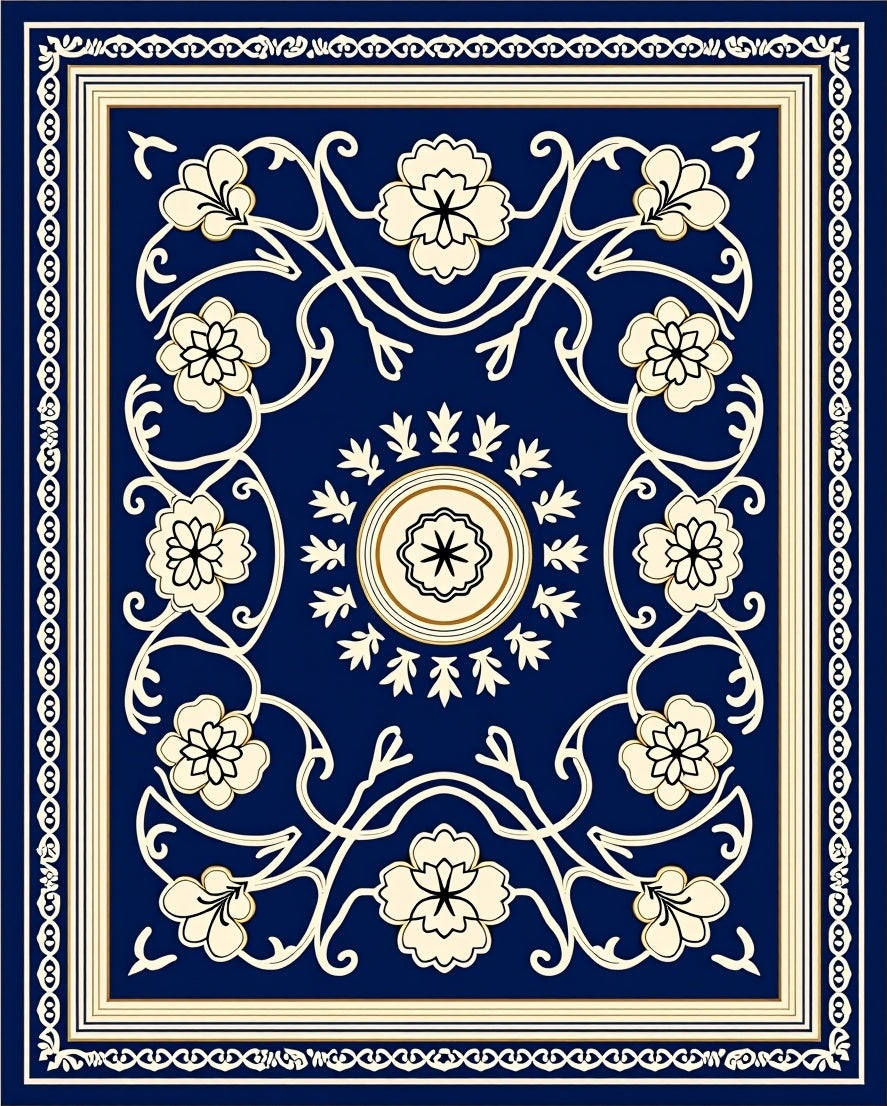 Elegant Floral Vine Cream Navy Rug
