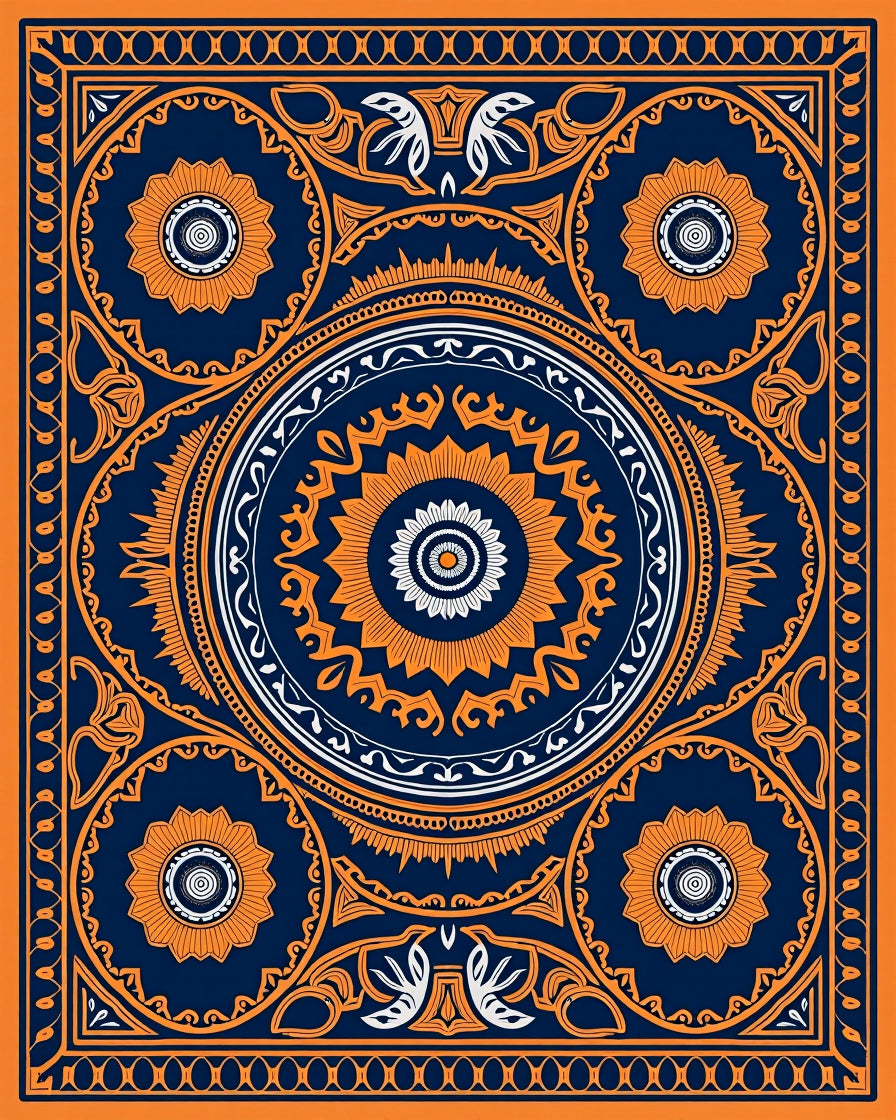 Ornate Orange Navy Mandala Design Rug