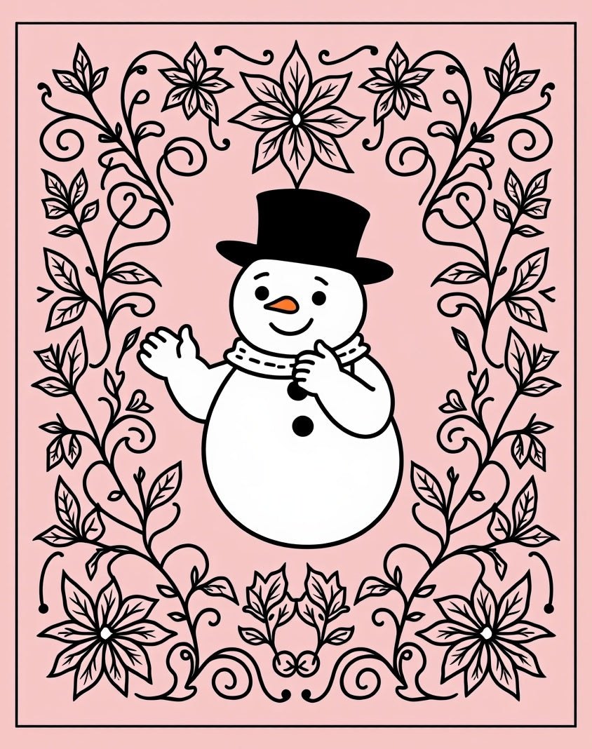 Charming Snowman Floral Frame Pink Rug