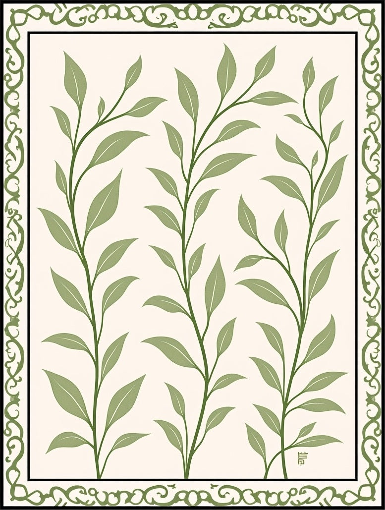 Elegant Green Leaf Vine Pattern Rug