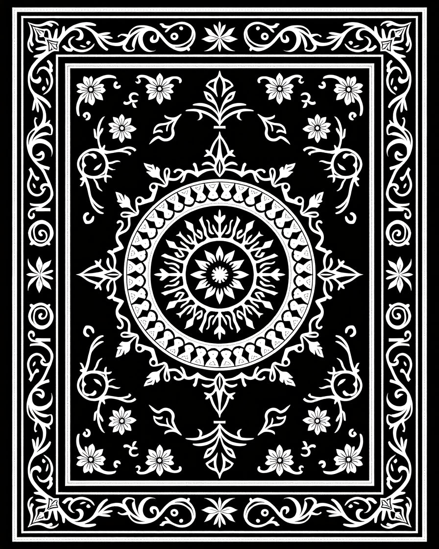 Black White Ornate Floral Medallion Rug