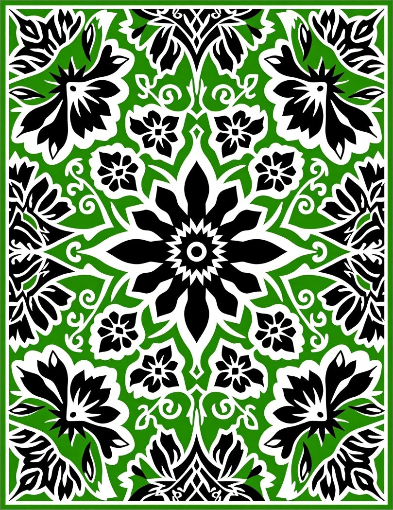 Green Black Floral Medallion Pattern Rug