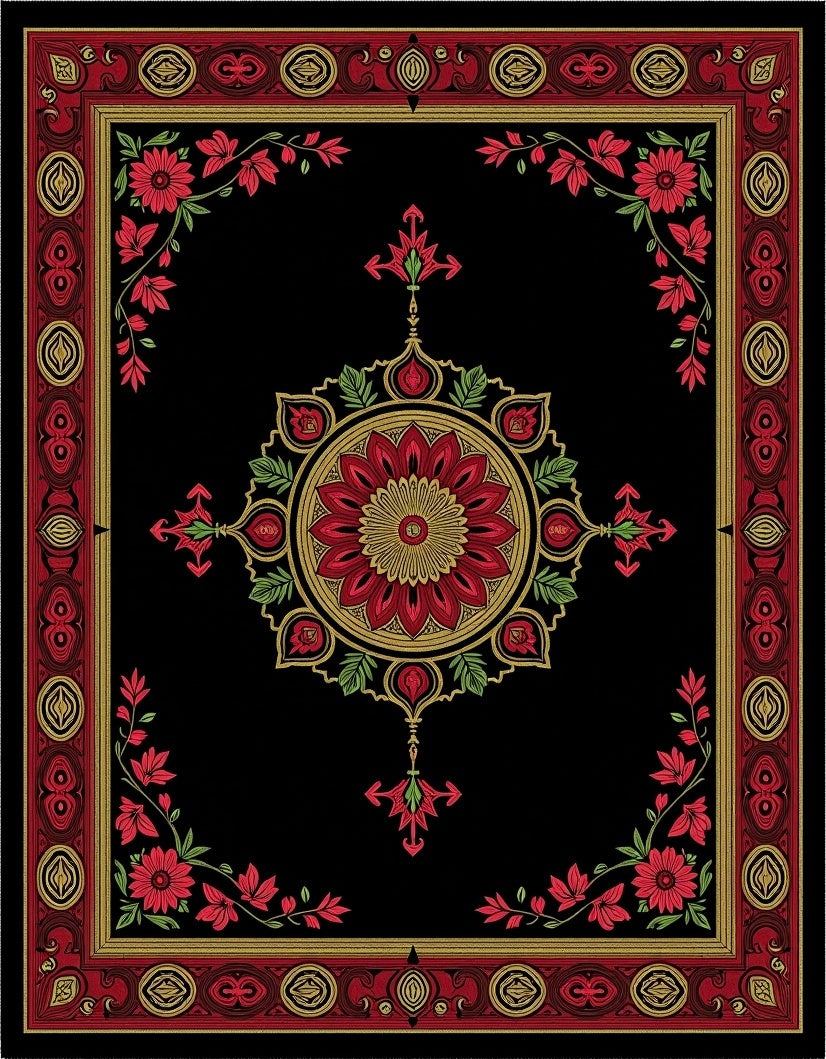 Rich Red Floral Medallion Border Rug