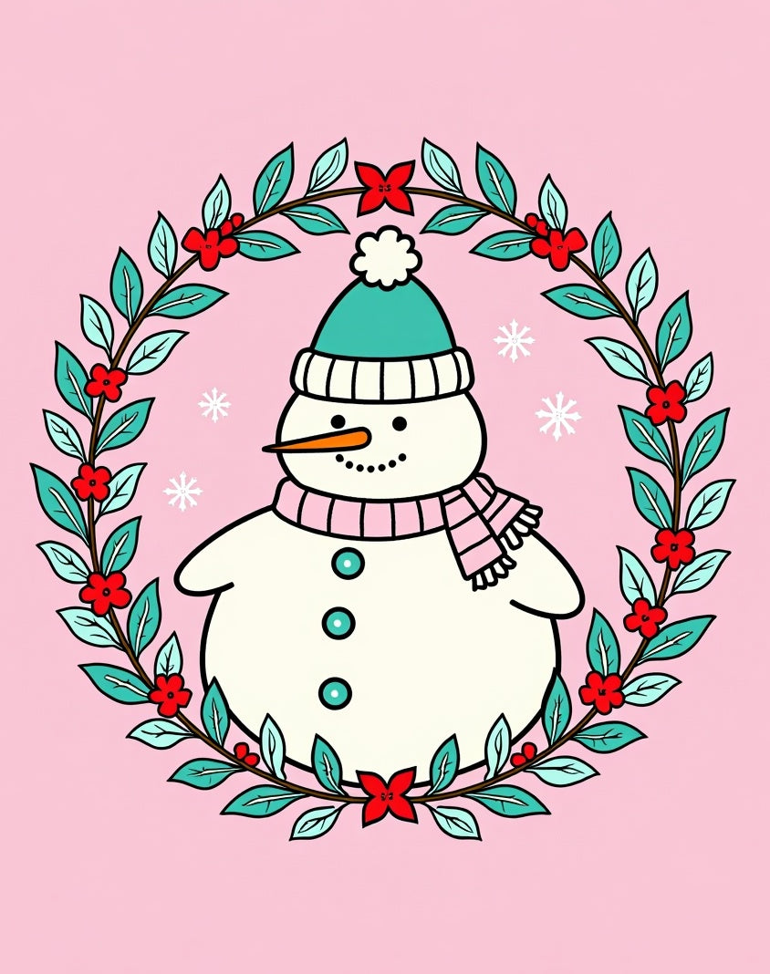 Whimsical Snowman Wreath Pink Background Rug