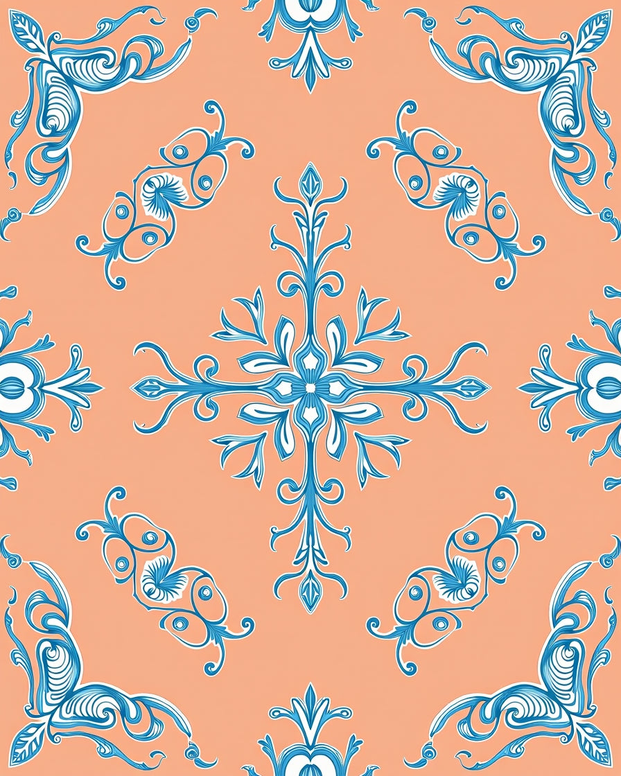 Elegant Blue Floral Scroll Pattern Rug