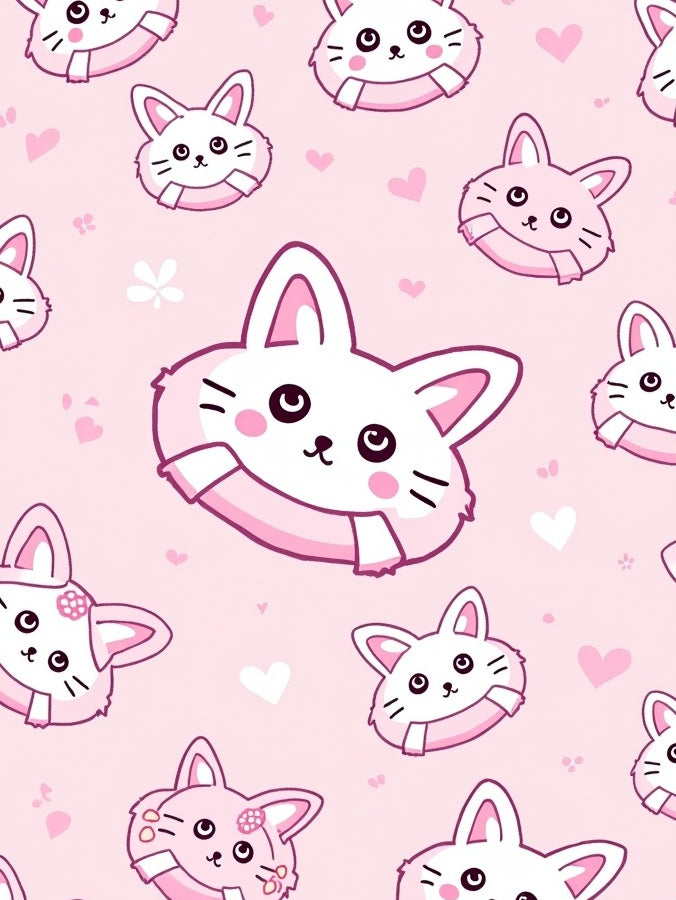 Pink Hearts Cute Cat Faces Rug