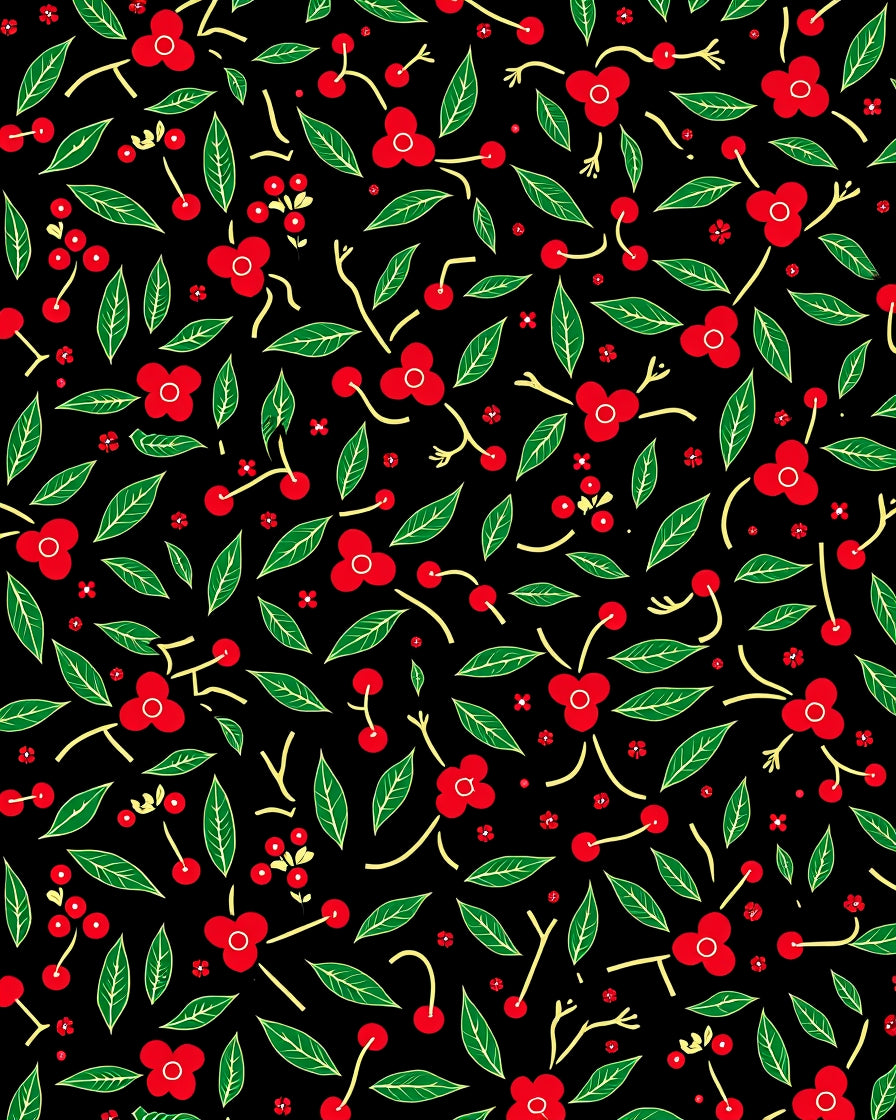 Red Cherry Blossom Black Floral Rug