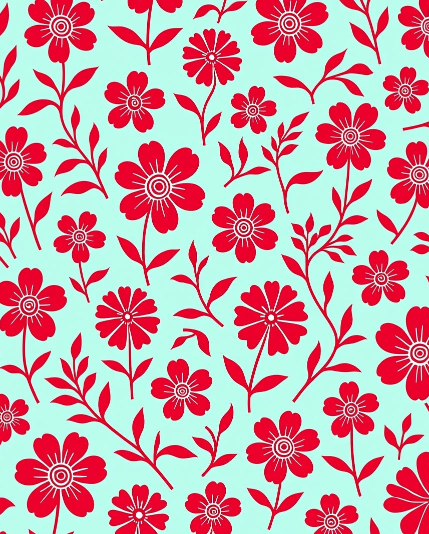 Red Floral Design On Teal Canvas Rug