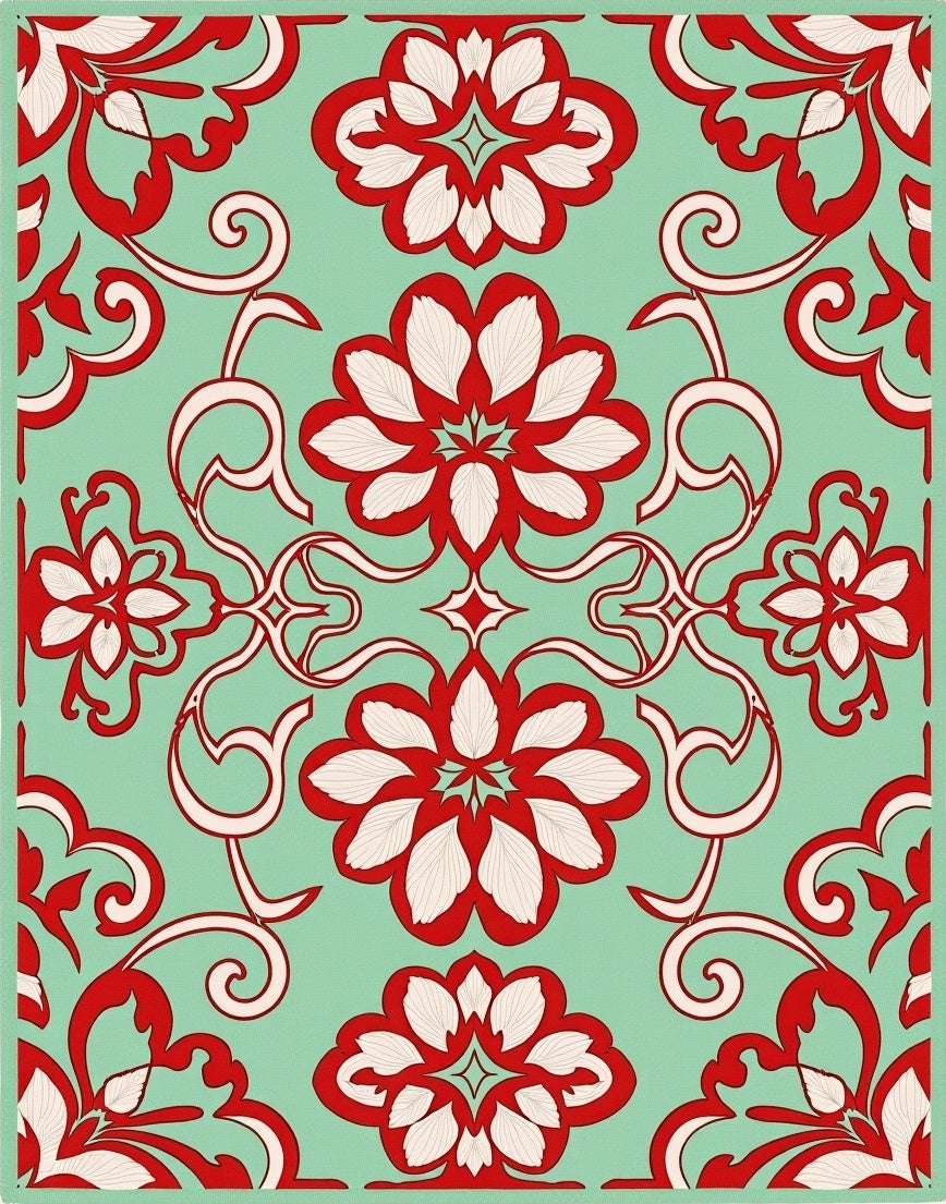 Vibrant Red Floral Swirl Pattern Rug