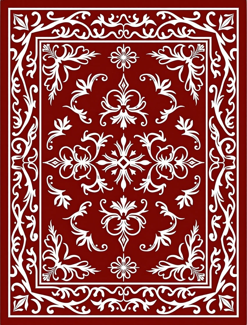 Elegant Red White Floral Border Rug