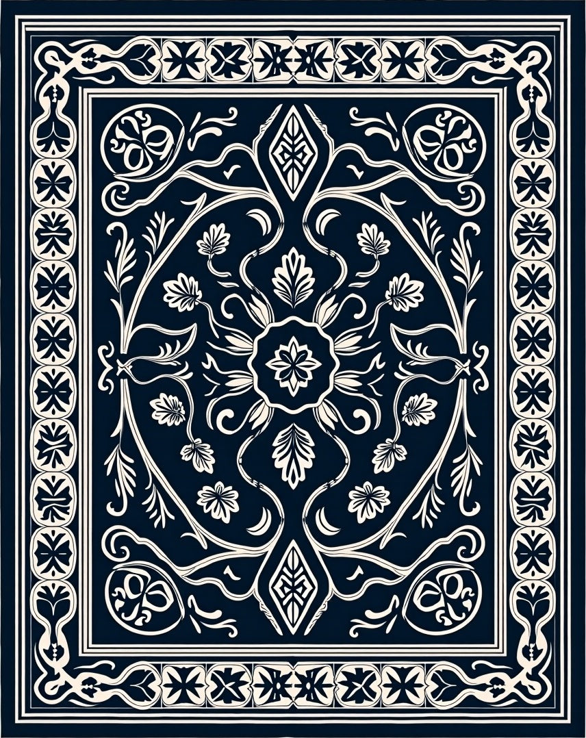 Intricate Floral Scrollwork Navy Blue Rug