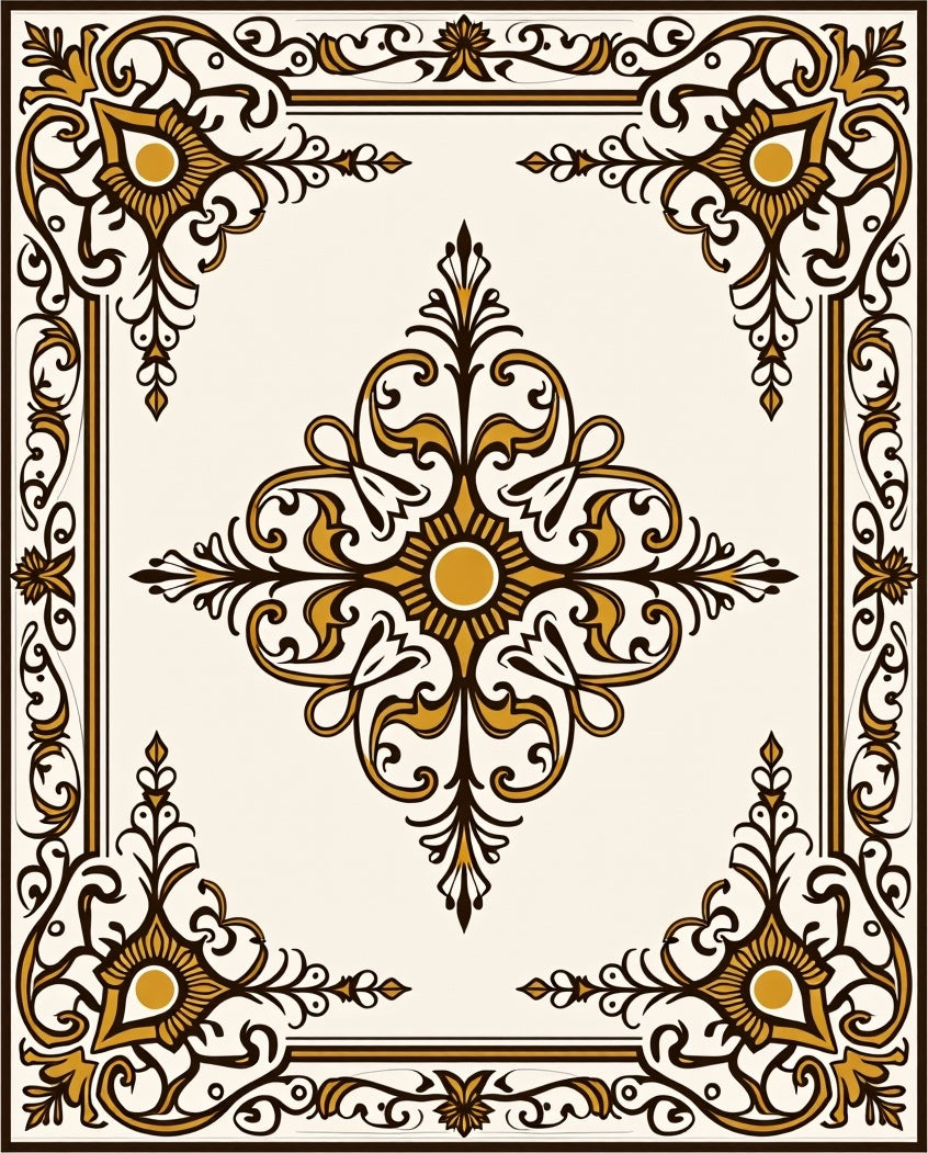Cream and Gold Ornate Scroll Pattern Rug