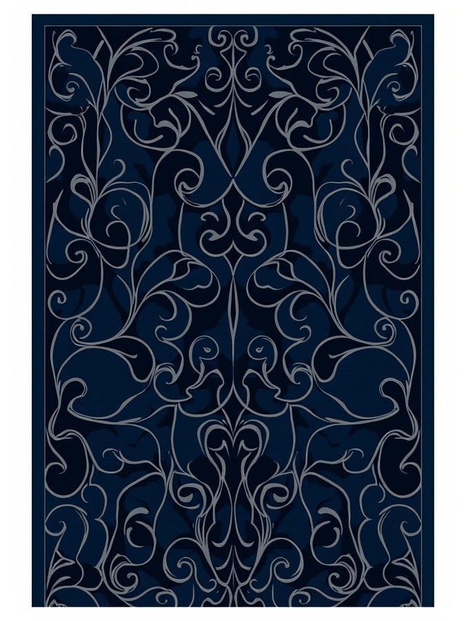 Dark Navy Swirl Floral Pattern Rug
