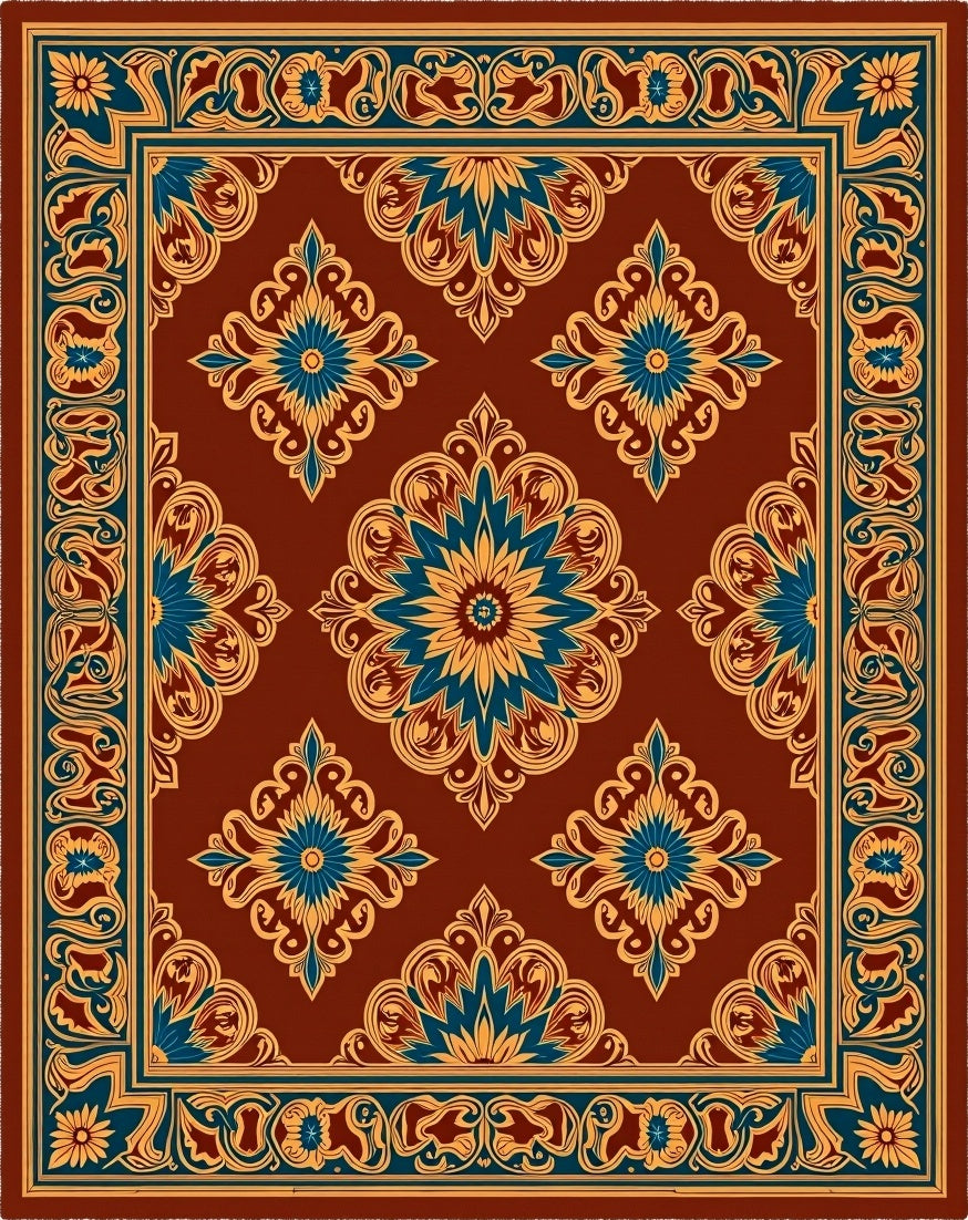Rich Burgundy And Blue Floral Pattern Rug