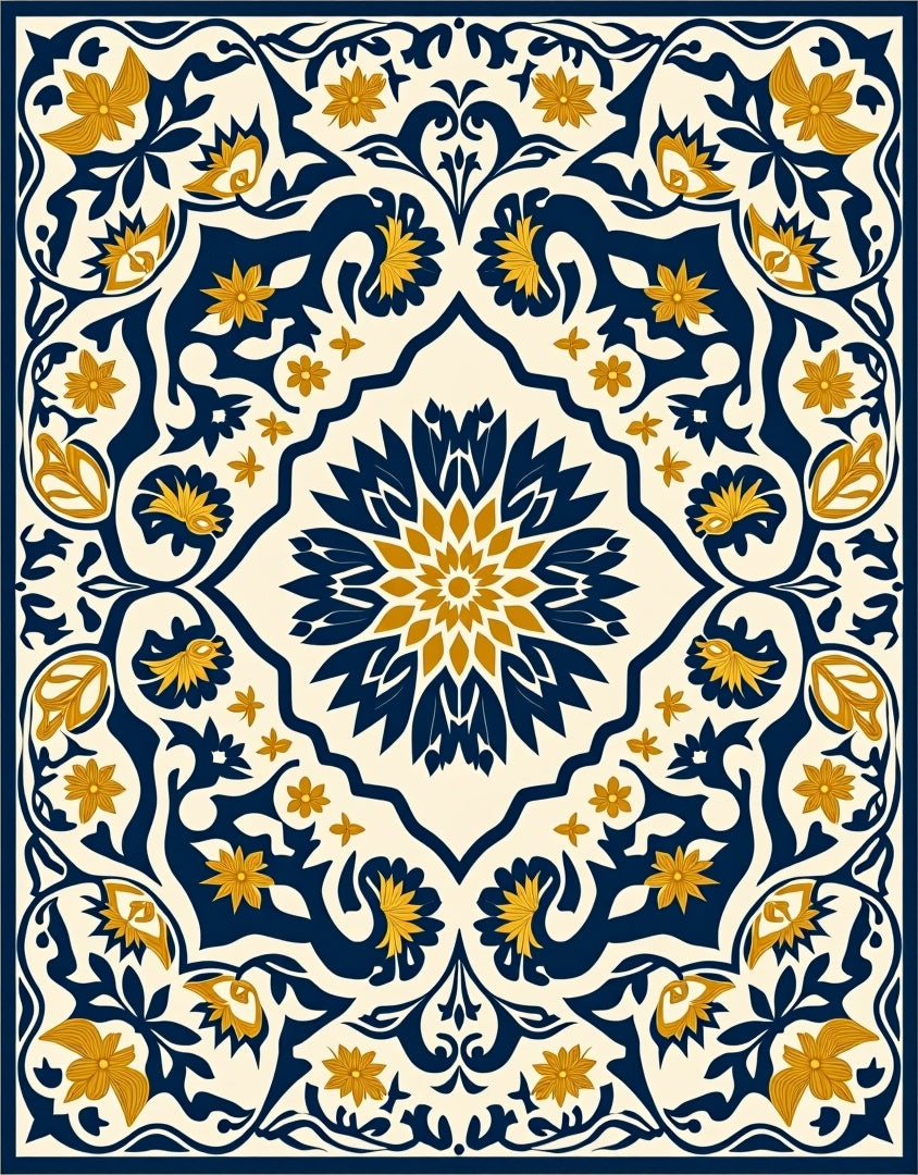 Intricate Floral Scrollwork Dark Blue Gold Rug