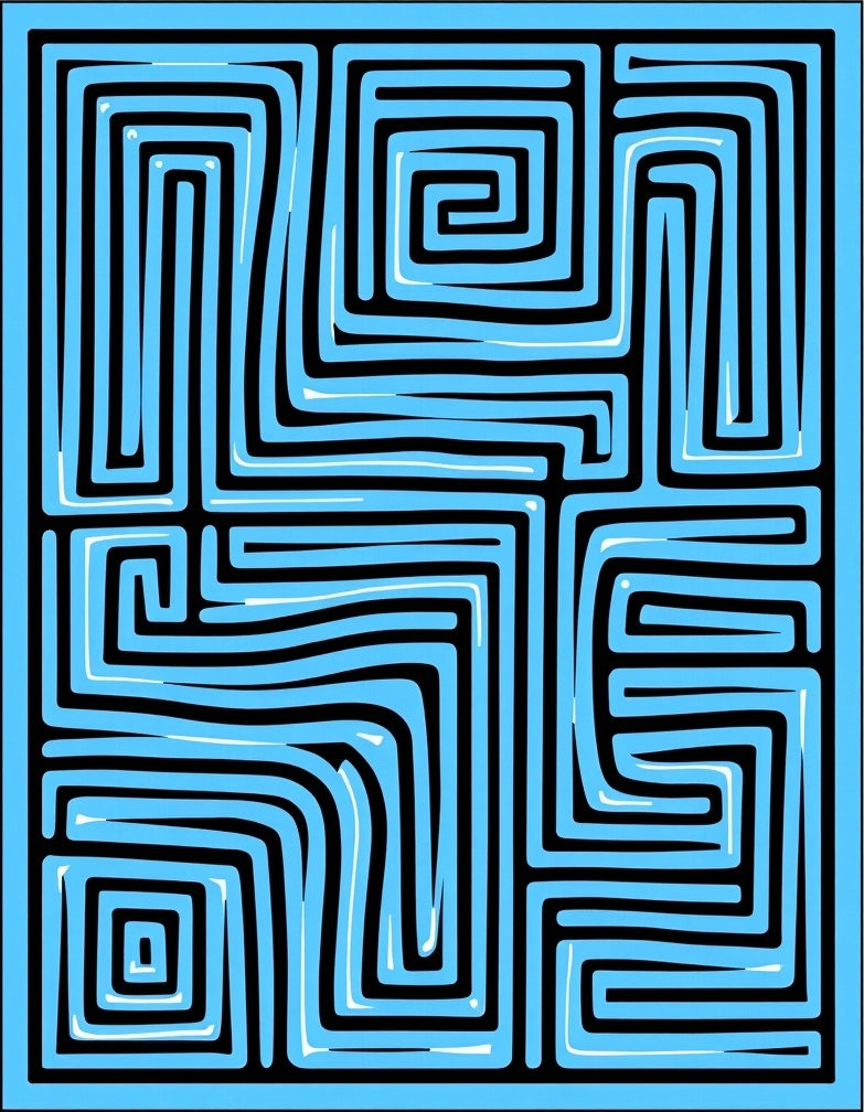 Abstract Blue Maze Line Art Rug