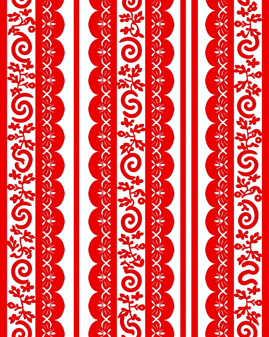 Bold Red Floral Scroll Stripe Rug